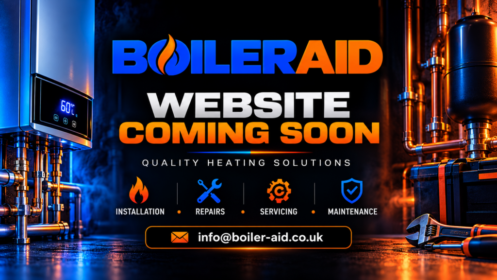BoilerAid website coming soon holding page featuring the blue and orange BoilerAid logo, boiler installation, repairs, servicing and maintenance services, and contact email info@boiler-aid.co.uk.